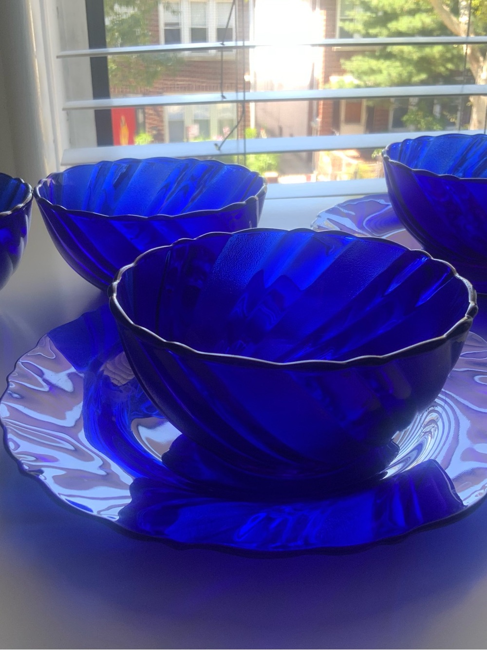 Vintage Mid Century Cobalt Blue Glass Dish set 6 pc Duralex Rivage swirl FRANCE